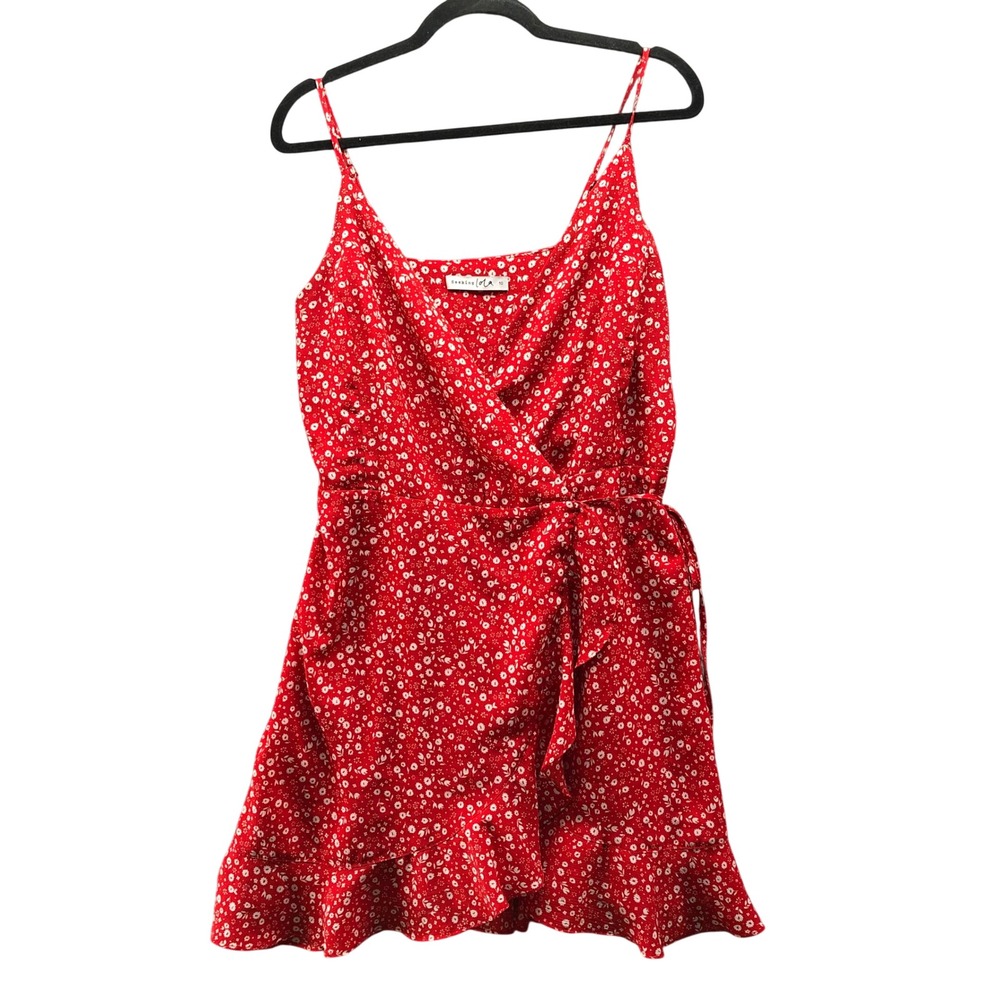 Seeking Lola Genuine Wrap Mini Dress Womens 10 Red Floral Cami Ruffle V-Neck